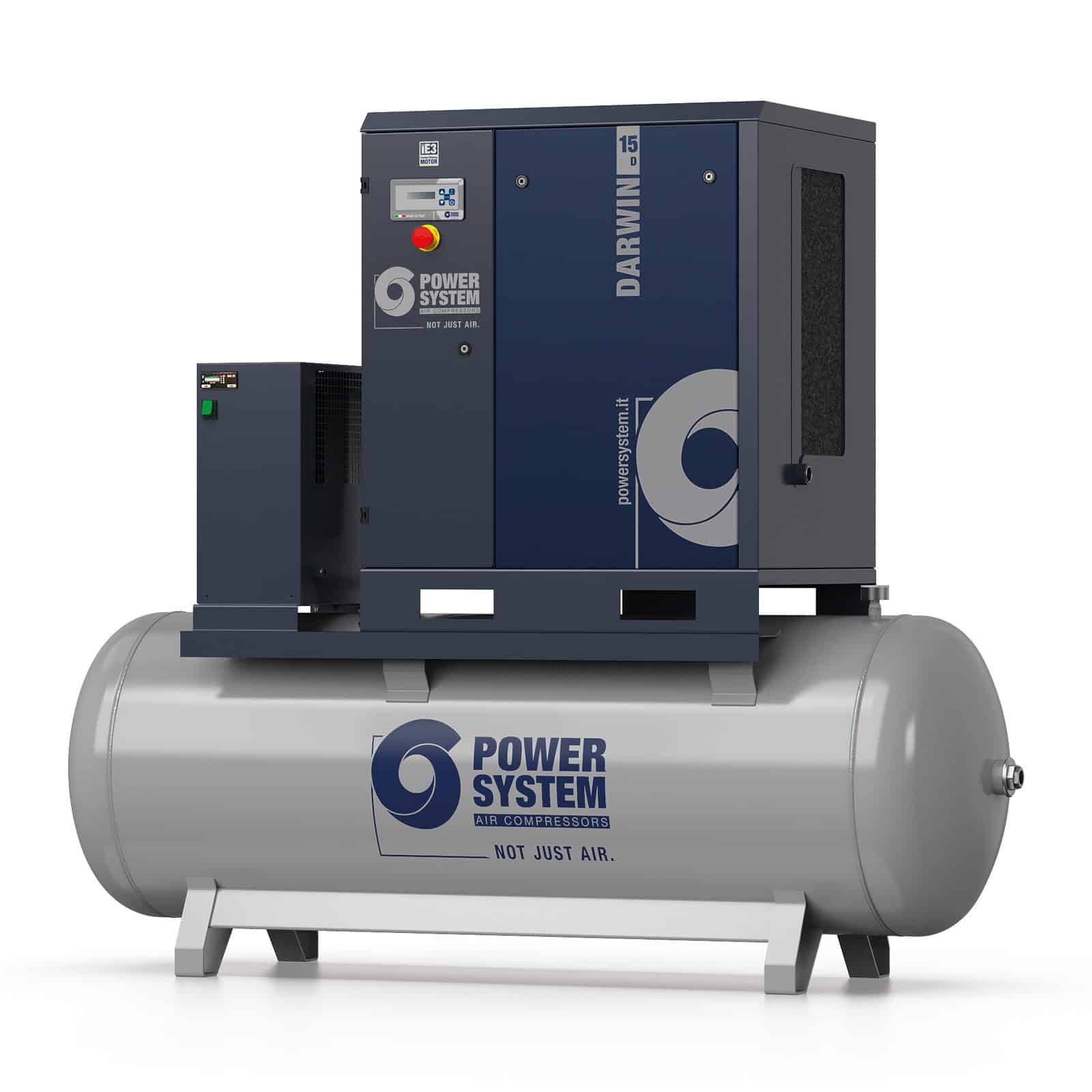Darwin 15-13-500 D Screw compressor with belt transmission, complete with tank and dryer.