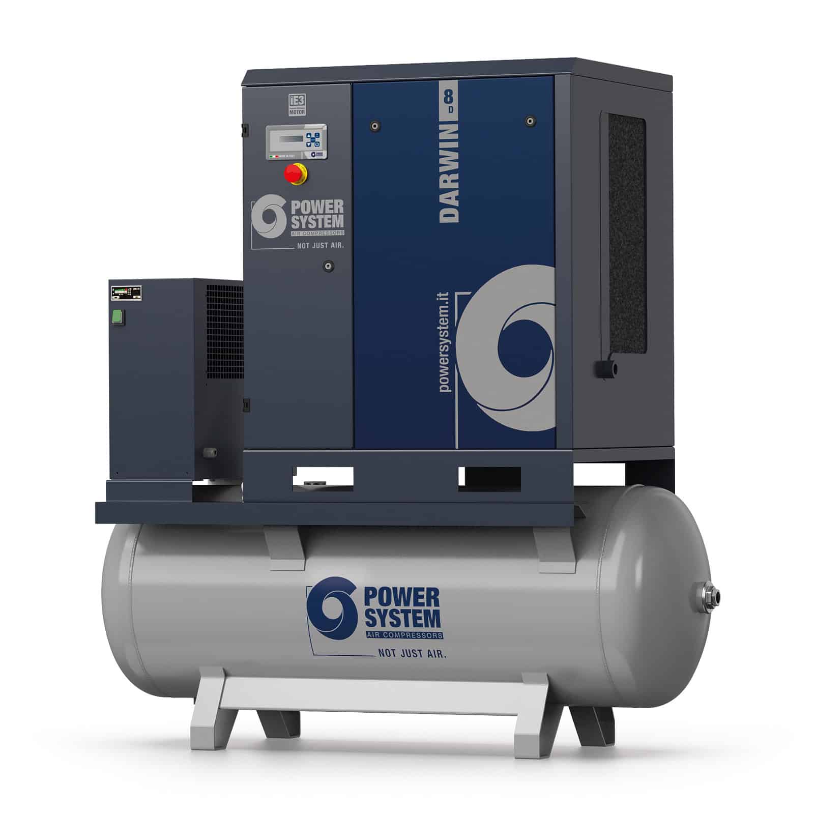 Darwin 8-08-270 D Screw compressor with belt transmission, complete with tank and dryer.