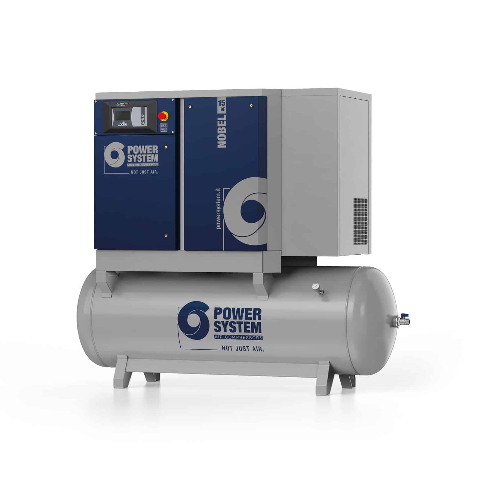 NOBEL 15-10-500 DF Compressore a vite con trasmissione diretta, completo di serbatoio ed essiccatore.