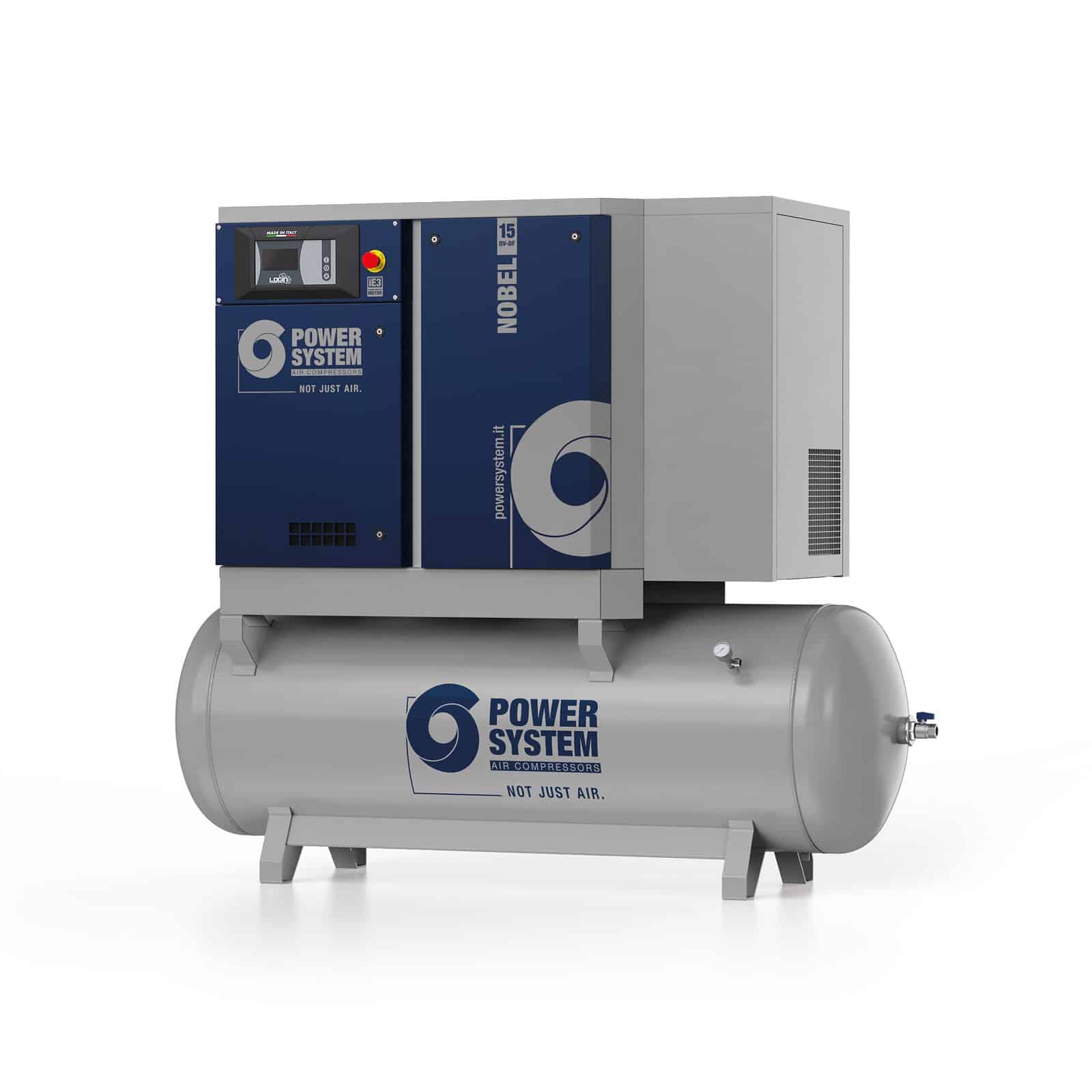 NOBEL 15-08-500 DV-DF Screw compressor with direct drive transmission, complete with tank and dryer.