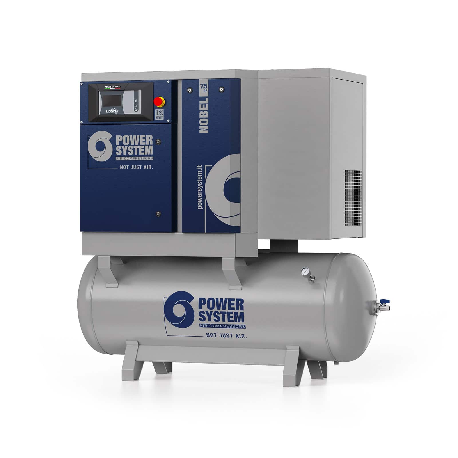 NOBEL 7.5-10-270 DF Screw compressor with direct drive transmission, complete with tank and dryer.