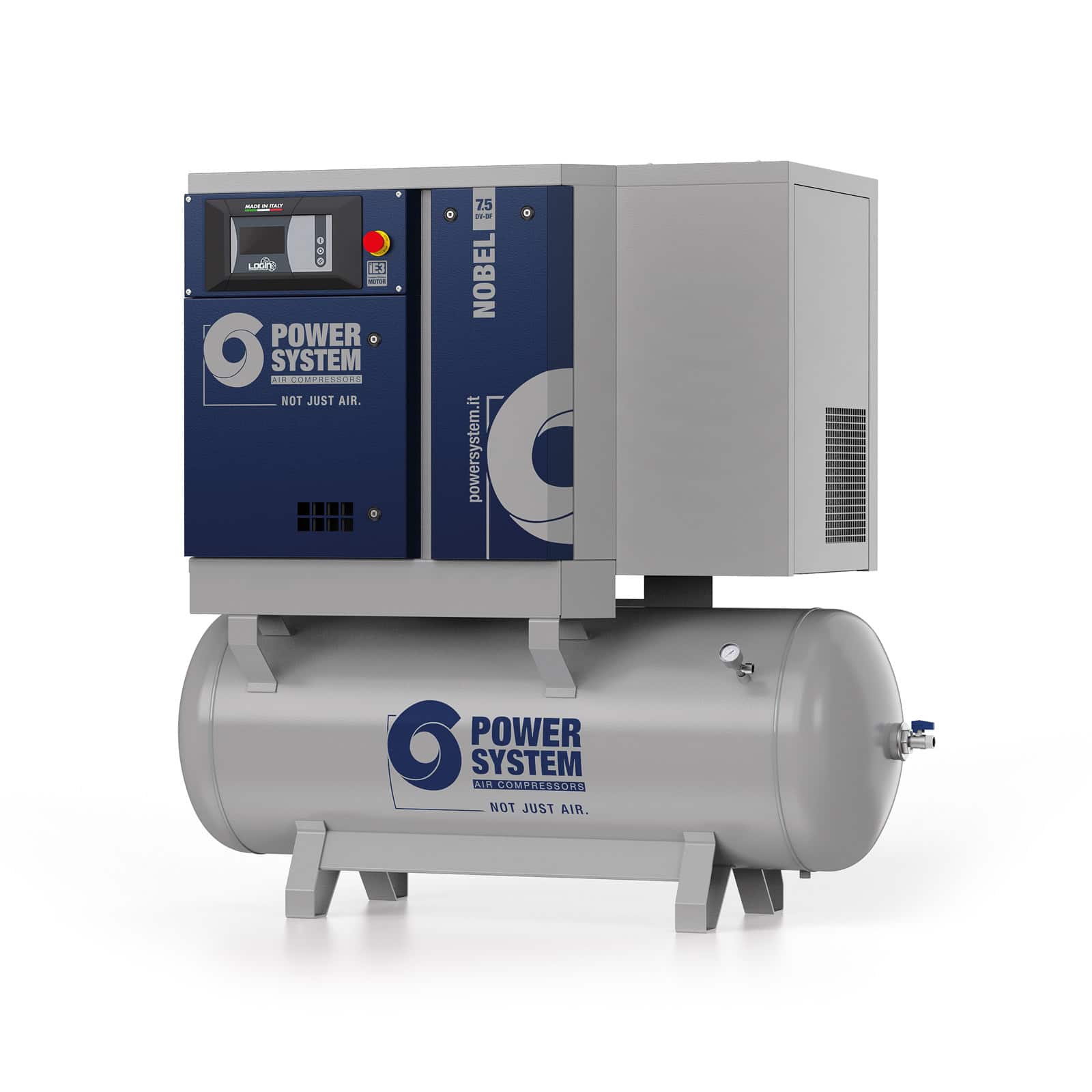 NOBEL 7.5-13-270 DV-DF Screw compressor with direct drive transmission, complete with tank and dryer.